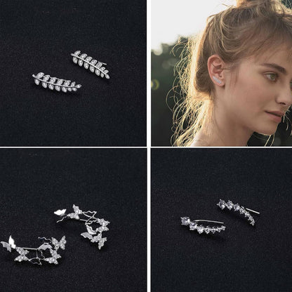 CASSIECA 6 Pairs Leaf Earring Cuff Ear Climber Cubic Zirconia Stud for Women Girls Butterfly Star CZ Ear Vine Wrap Stud Earring