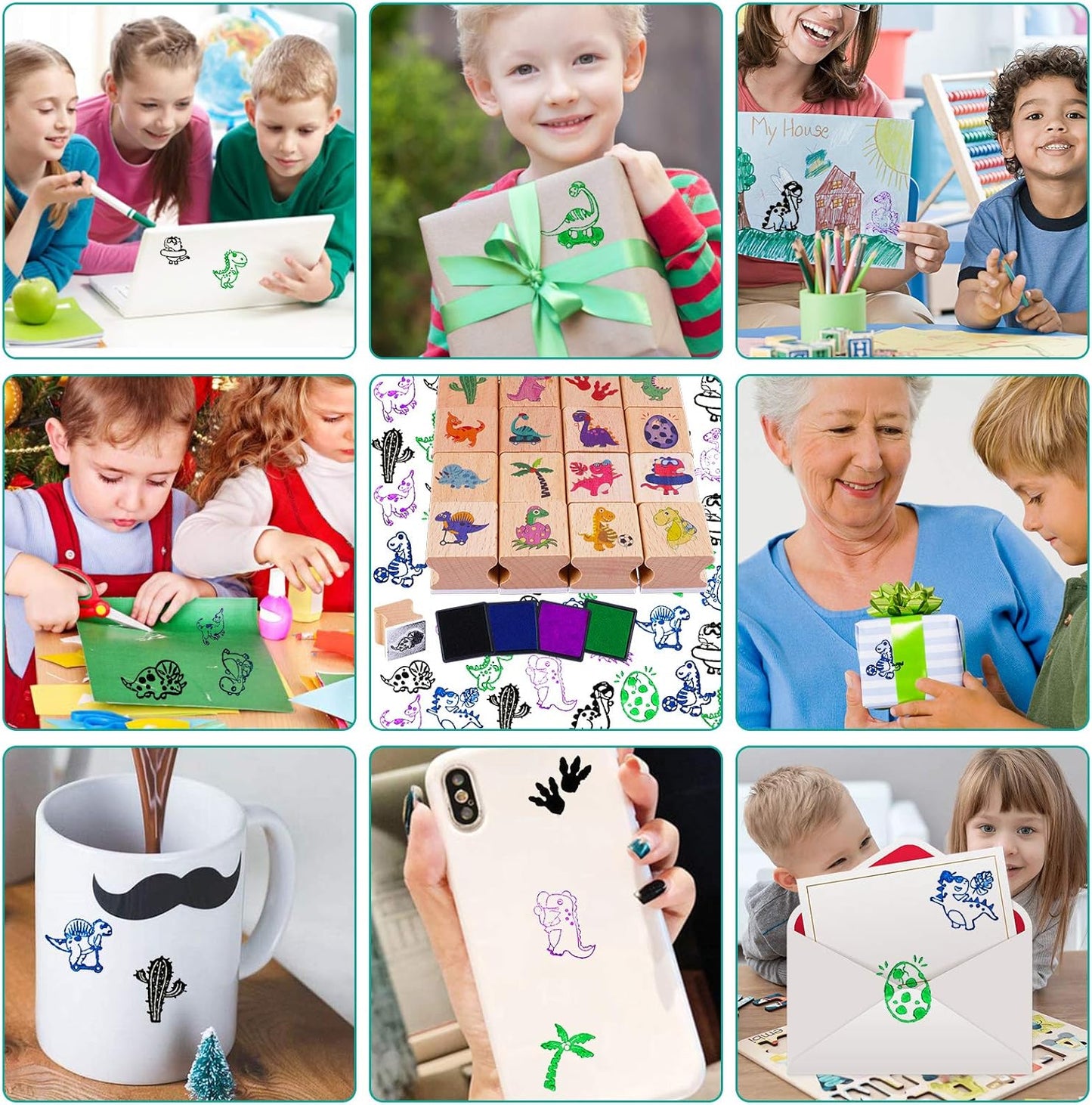 HOWAF 16-Piece Wooden Dinosaur Stamp Set with 4 Ink Pads for Kids