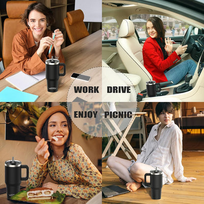 WATERSY 40oz Black Insulated Tumbler with Handle, Lid, Straw