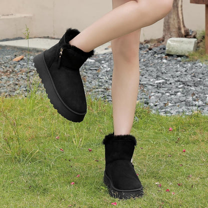Women's Suede Mini Platform Boots – Cozy Fur‑Lined Snow Slippers