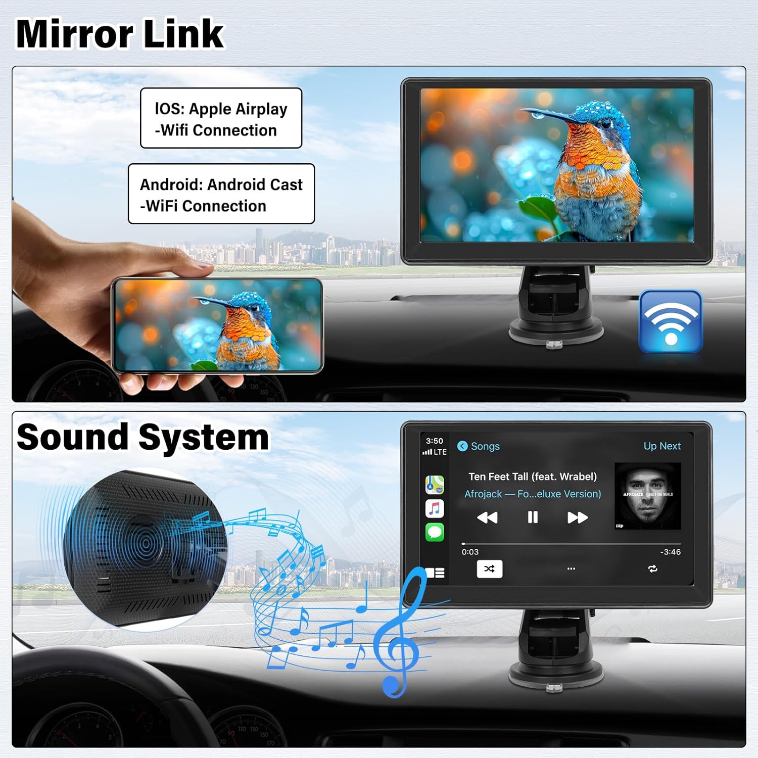 SIXWIN 7‑inch Portable Wireless CarPlay Android Auto Touchscreen Stereo