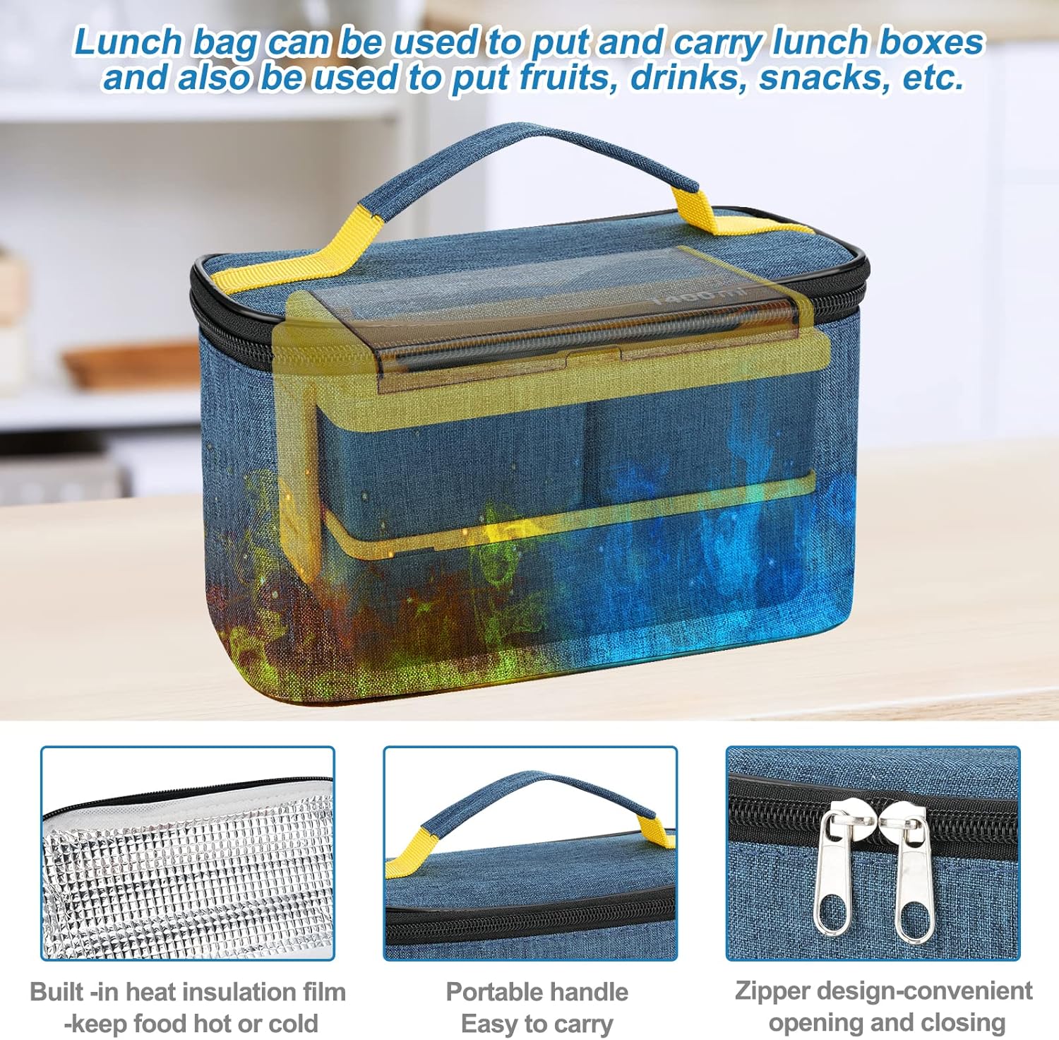 Yirochan Bento Box1400ml 3-Compartment With Insulated Bag Blue