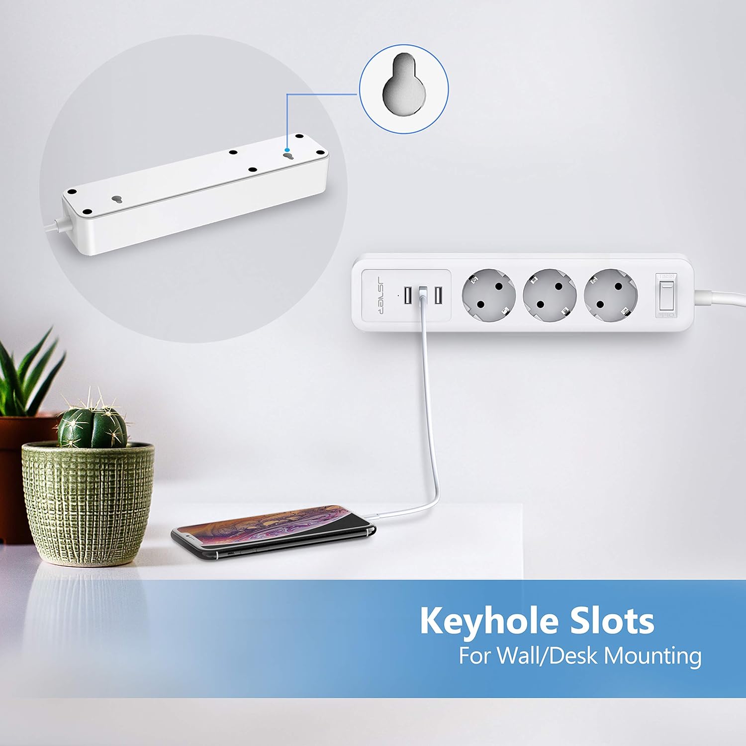 JSVER Strip with 3 Outlets, 3 USB Ports, 2m Cable