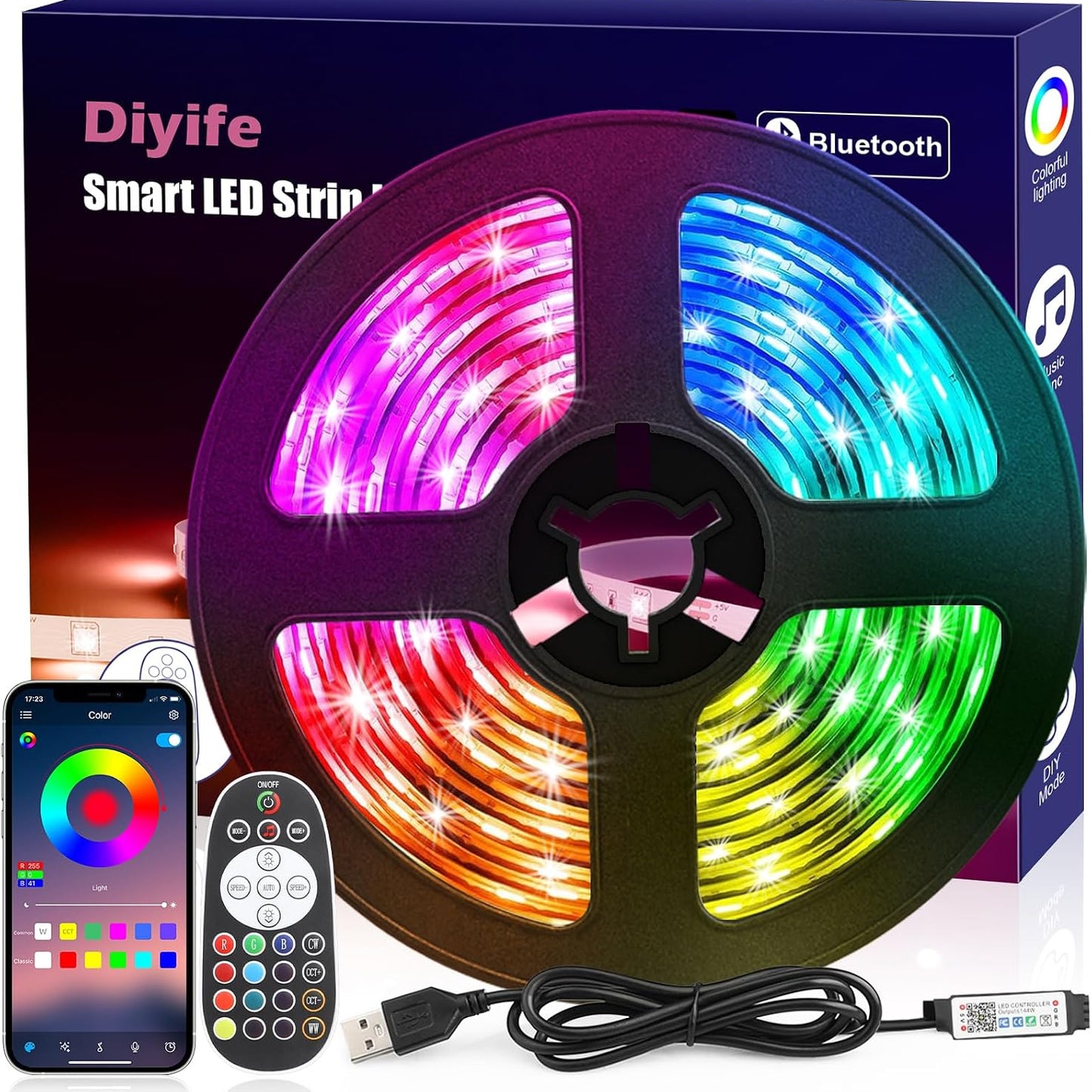 Diyife LED Strip 3 m 90 LEDs Remote & App Control RGB Bluetooth Music Sync Timer Indoor