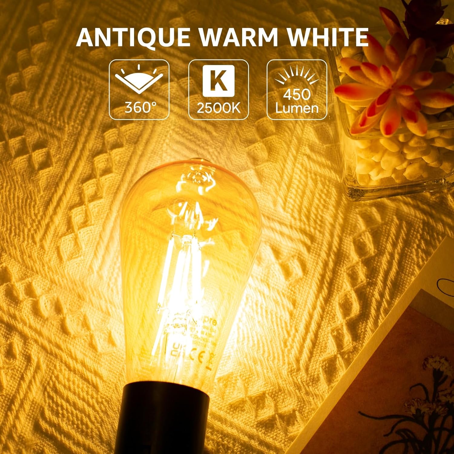 Lepro ST64 E27 LED Vintage Light Bulbs 4.8W 470lm Warm White 2500K Retro Amber Glass Non-Dimmable Pack of 6