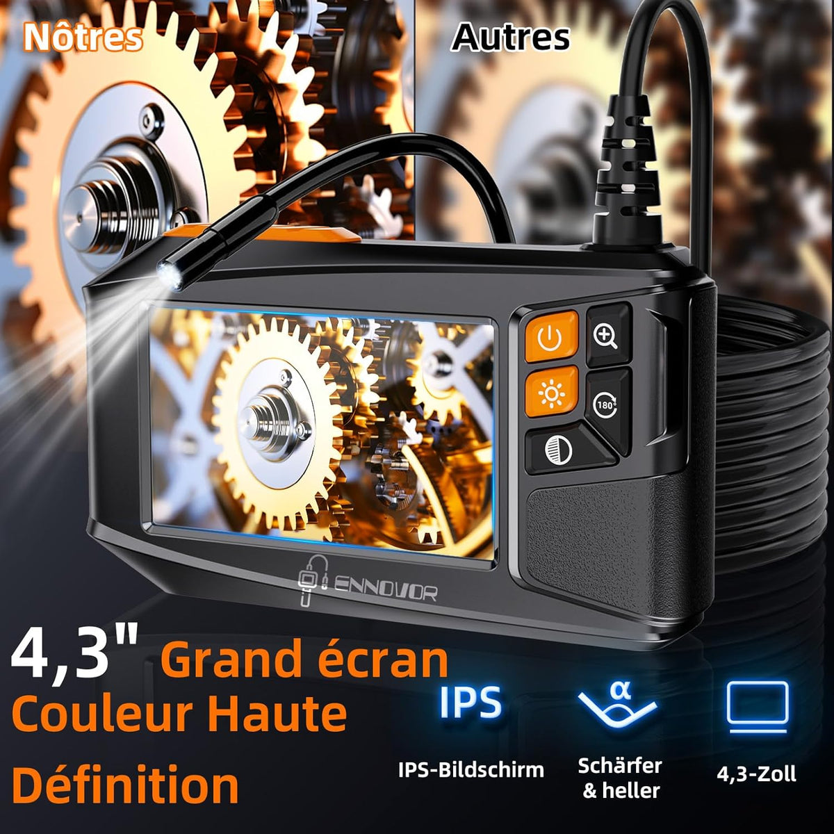 Ennovor 4.3" 1920P HD Endoscopic Inspection Camera with 8 LEDs