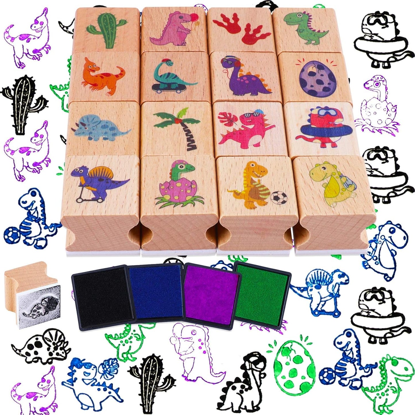 HOWAF 16-Piece Wooden Dinosaur Stamp Set with 4 Ink Pads for Kids