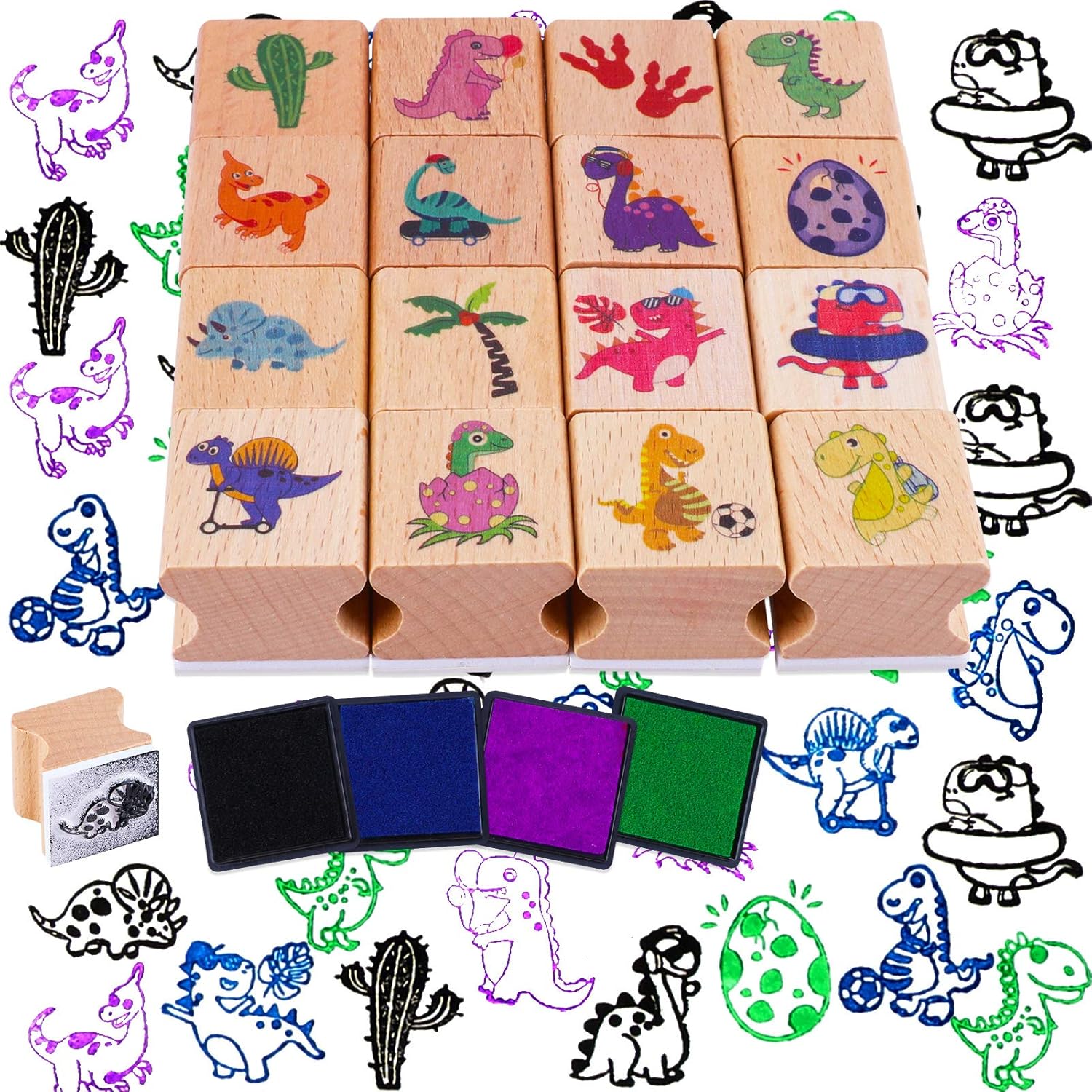 HOWAF 16-Piece Wooden Dinosaur Stamp Set with 4 Ink Pads for Kids