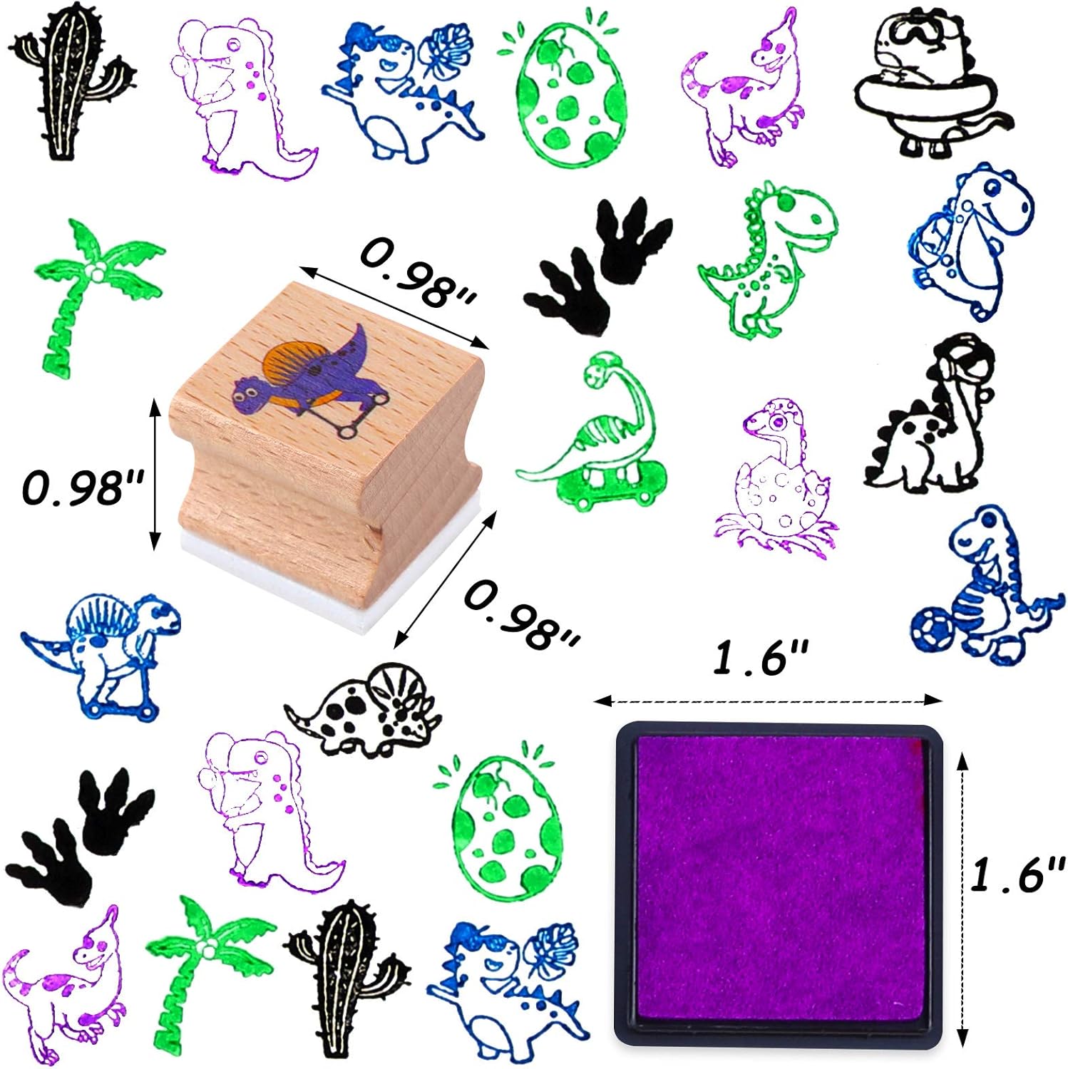HOWAF 16-Piece Wooden Dinosaur Stamp Set with 4 Ink Pads for Kids
