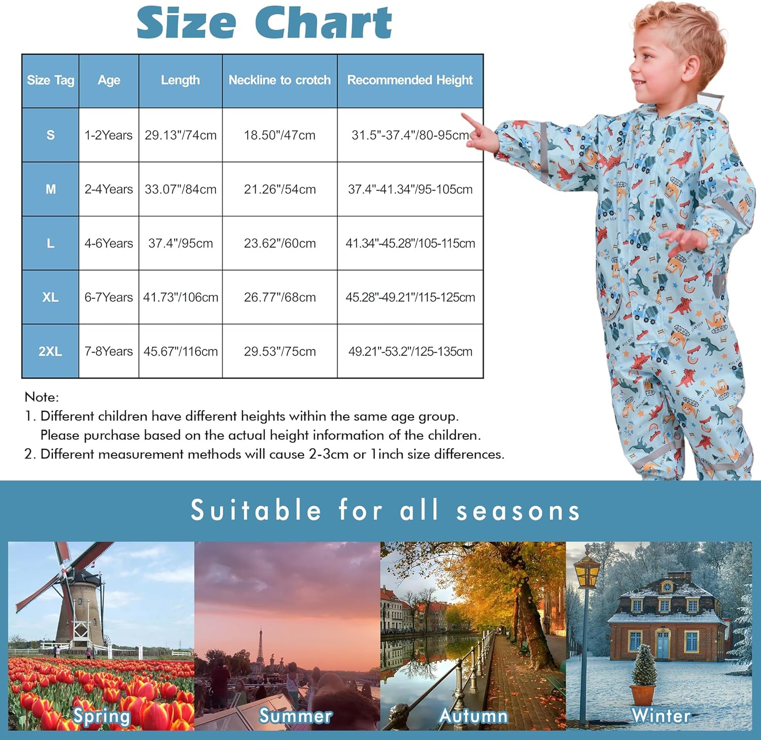 Kids Waterproof Puddle Suit with Hood, Reflective Stripes, Animal Prints