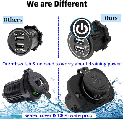 Qidoe Dual USB Socket 12V Marine Outlet with Switch Golf Cart USB Port 12 Volt DC Car Charger Mount Waterproof Cigarette Lighter Power Adapter DIY Kit Fast Charge with Blue LED for Boat Motorcycle ATV RV