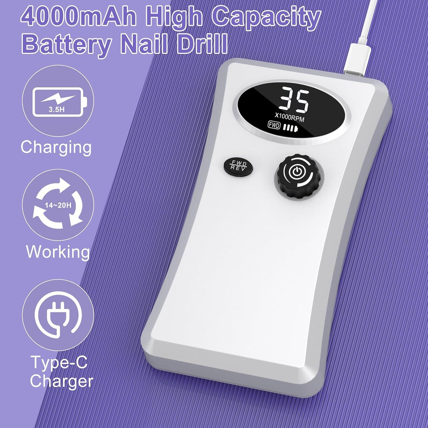 Cadrim 35000 RPM Portable Nail Drill Cordless Rechargeable Electric Nail File Set White