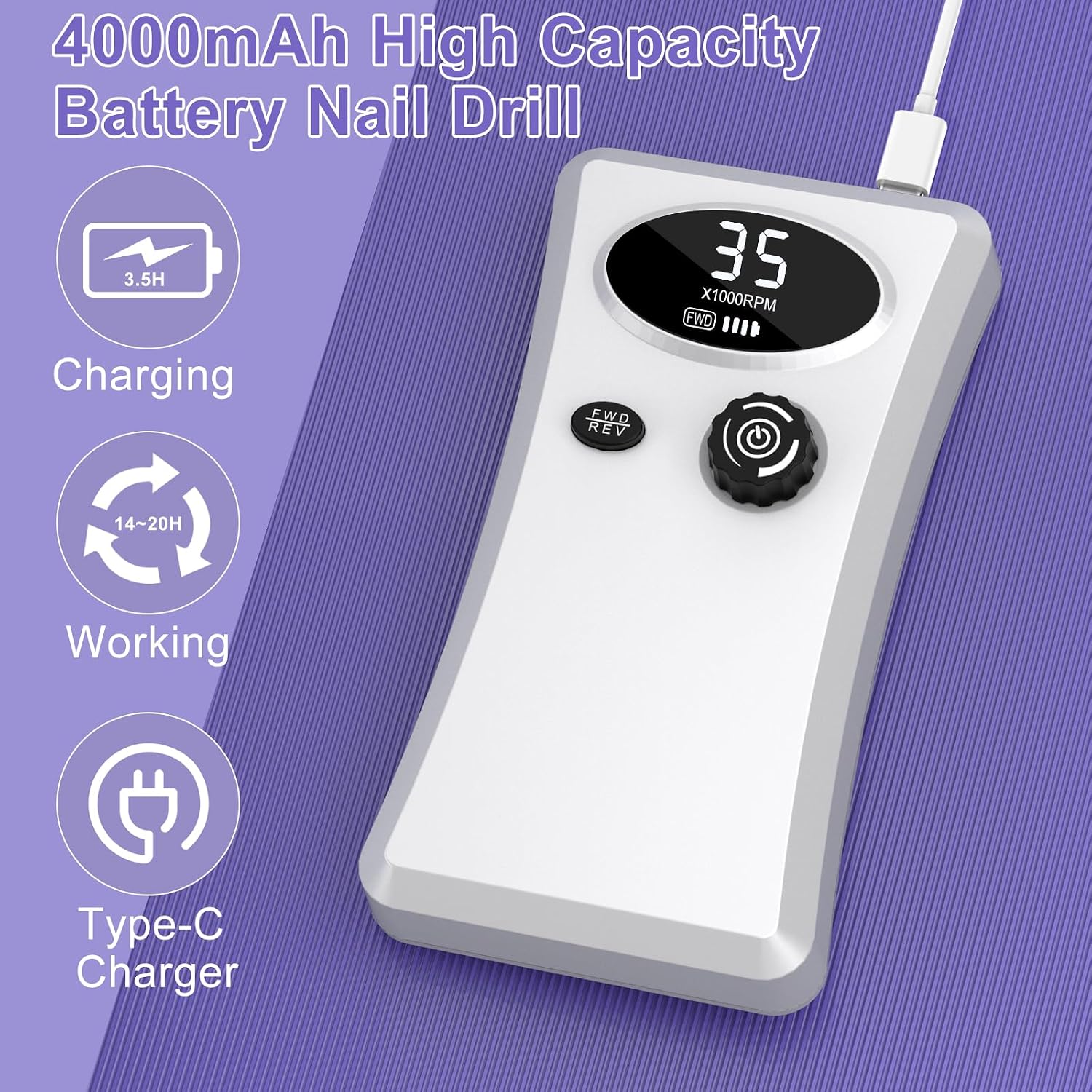 Cadrim 35000 RPM Portable Nail Drill Cordless Rechargeable Electric Nail File Set White
