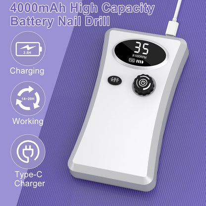 Cadrim 35000 RPM Portable Nail Drill Cordless Rechargeable Electric Nail File Set White