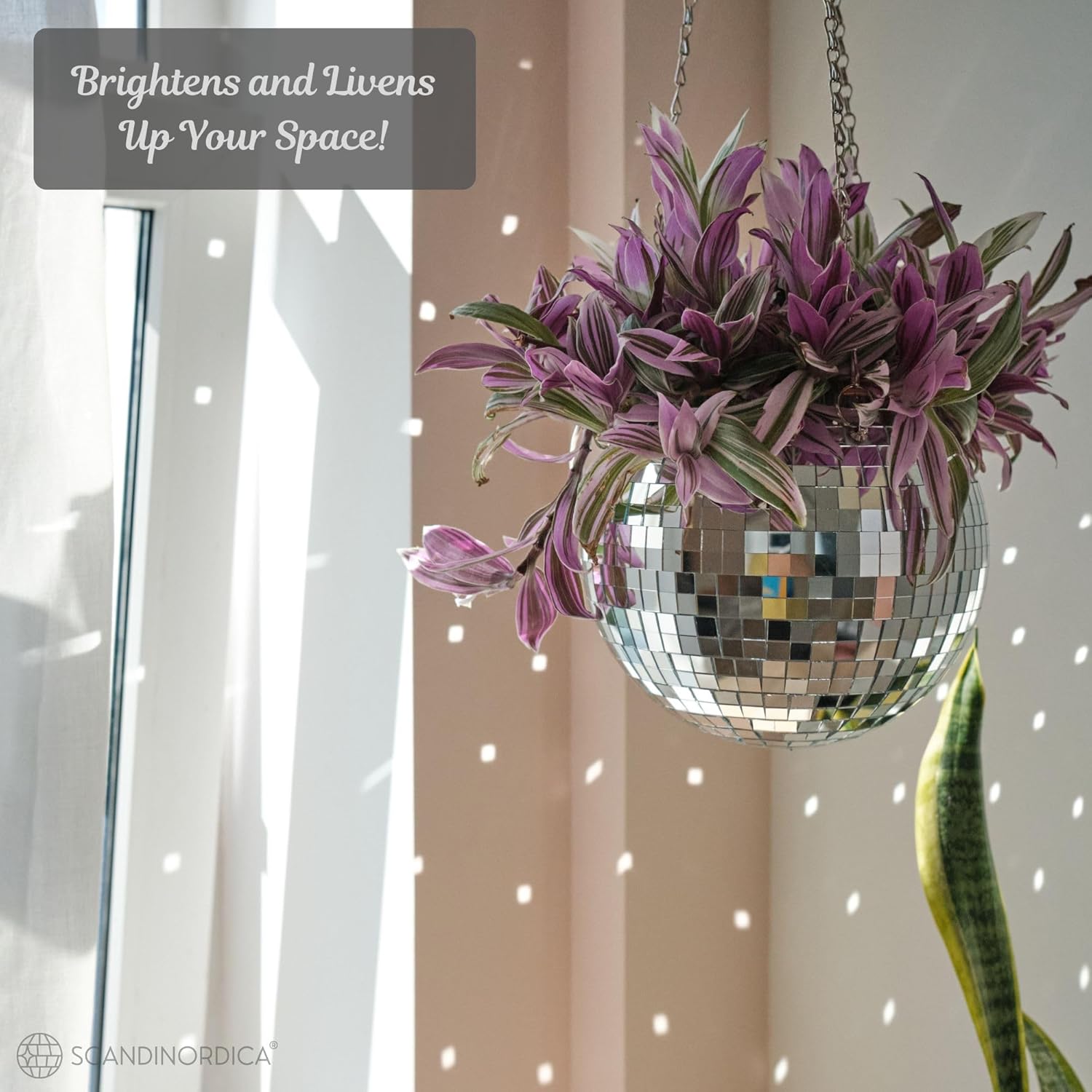 SCANDINORDICA 8‑Inch Silver Disco Ball Hanging Planter with Stand