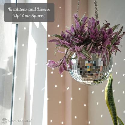 SCANDINORDICA 8‑Inch Silver Disco Ball Hanging Planter with Stand