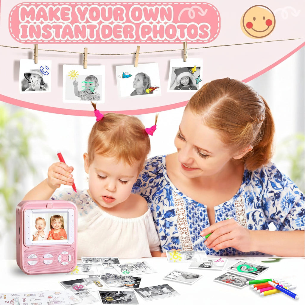 Korffe P7 Children's Instant Camera with 3 Rolls Printing Paper 32GB Card 2.4 Inch Screen 6 Coloured Pens