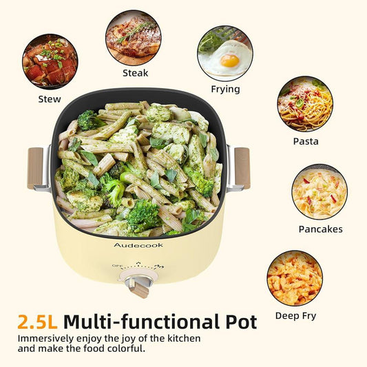 Audecook Portable Electric Hot Pot Multicooker, 2.5L Ceramic Non-Stick Frying Pan - Gomix Brands Outlet
