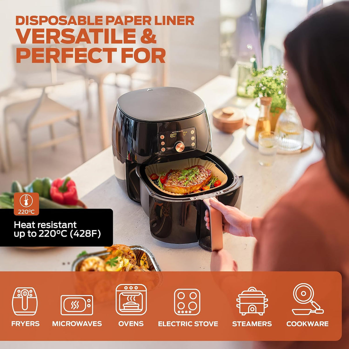 PORTENTUM Air Fryer Baking Paper 100 Pieces 16 x 16 cm