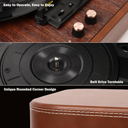 VOKSUN Brown Bluetooth Vinyl Turntable with Built‑in Stereo Speakers