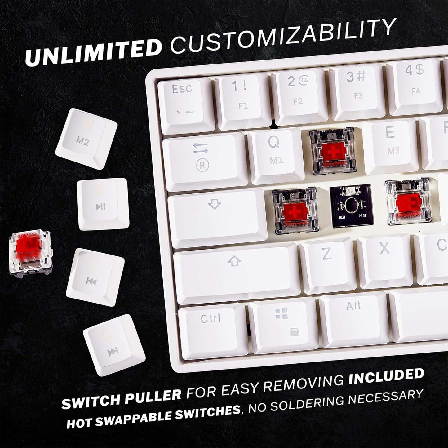 HK Gaming GK61 60% Mechanical Gaming Keyboard with RGB Backlit Hot‑Swappable Switches – White