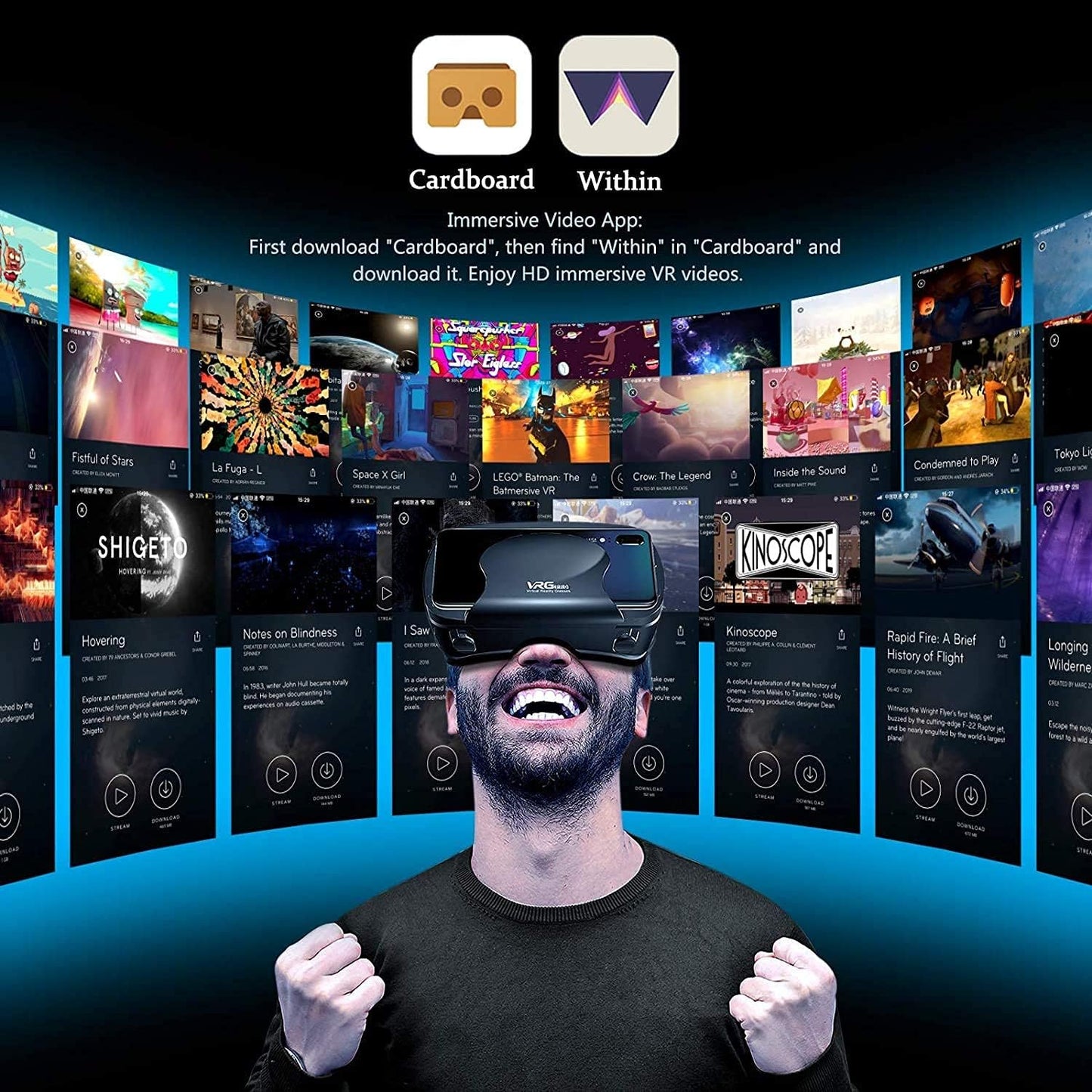 BSSJZP VR Headset with 3D Controller Adjustable HD Blu-Ray Eye Protection for 5-7 Inch Smartphones Android