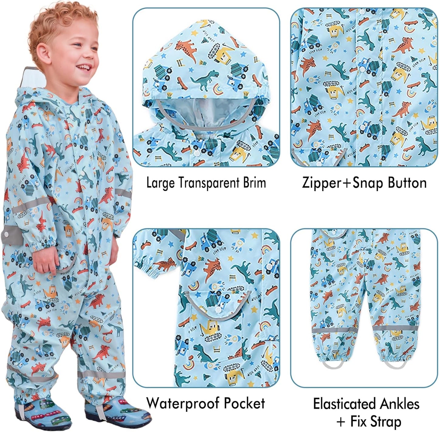 Kids Waterproof Puddle Suit with Hood, Reflective Stripes, Animal Prints