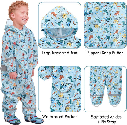 Kids Waterproof Puddle Suit with Hood, Reflective Stripes, Animal Prints