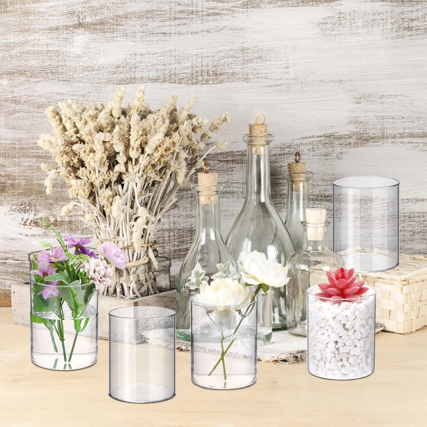 Vesici 20 Pcs Plastic Cylinder Vase Acrylic Cylinder Vase Bulk Small Clear Flower Container Hurricane Candle Holder Round Wide Container Centerpiece for Home Office Wedding Decorations (4 Inch)
