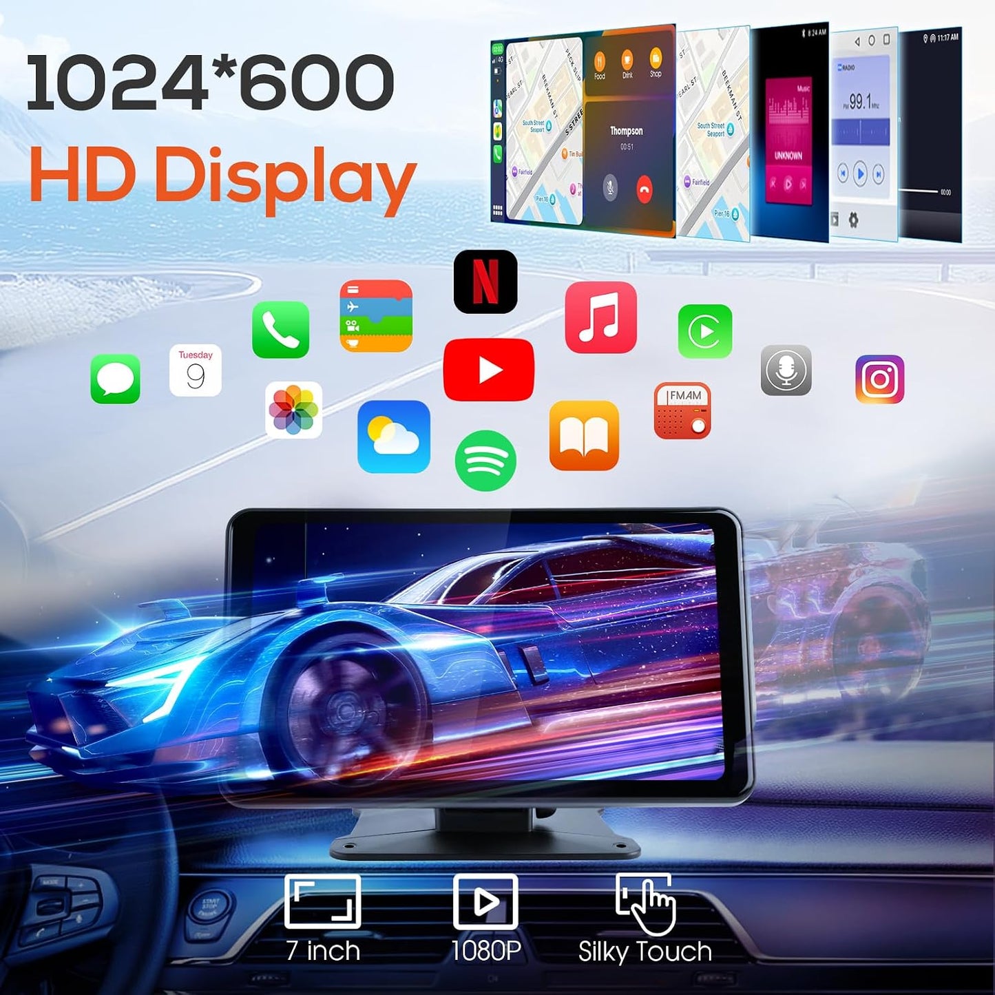 Haudio 7 Inch Wireless Portable Carplay Screen with 1080P Backup Camera Bluetooth