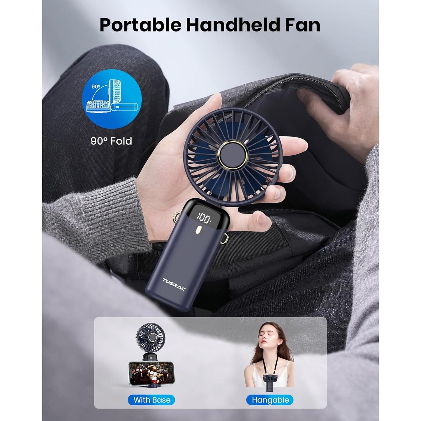 TUSRAC Portable 5000mAh USB Rechargeable Handheld Desk Fan, 5 Speeds, Blue