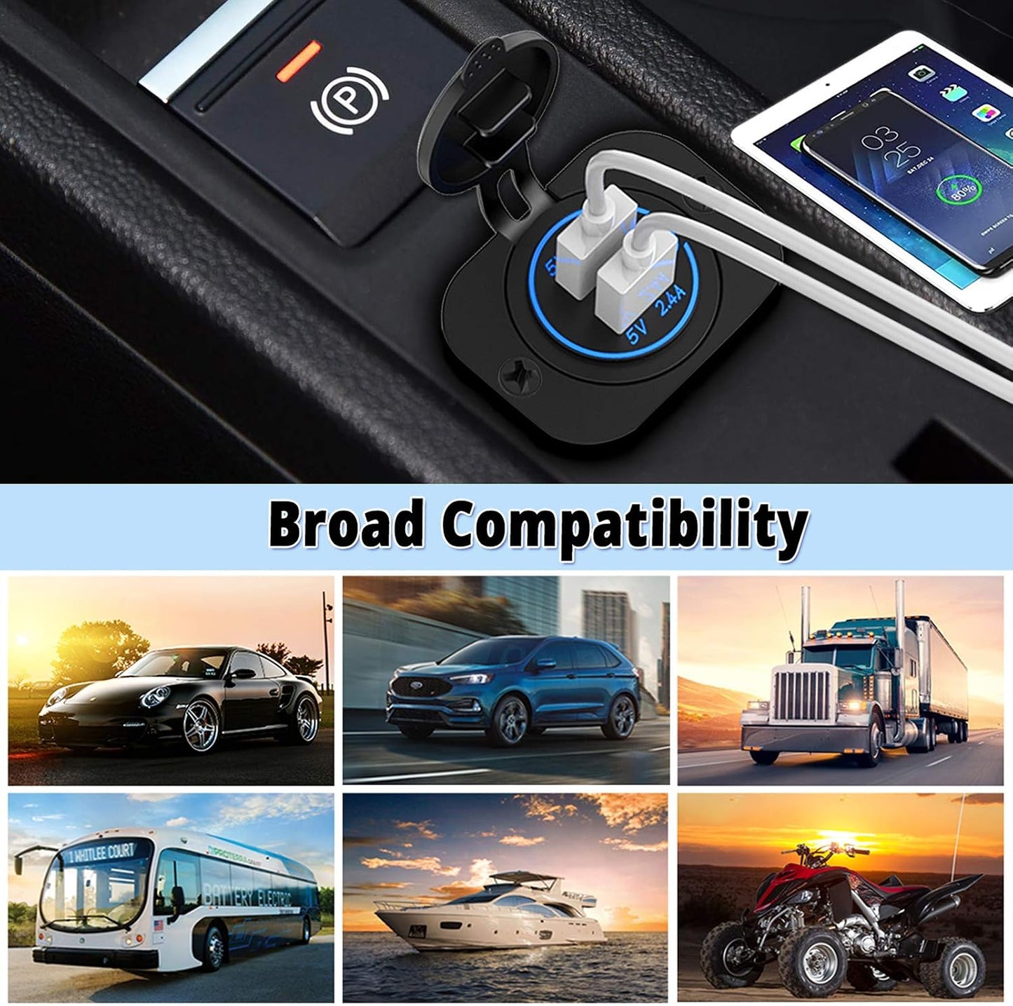 Qidoe Dual USB Socket 12V Marine Outlet with Switch Golf Cart USB Port 12 Volt DC Car Charger Mount Waterproof Cigarette Lighter Power Adapter DIY Kit Fast Charge with Blue LED for Boat Motorcycle ATV RV