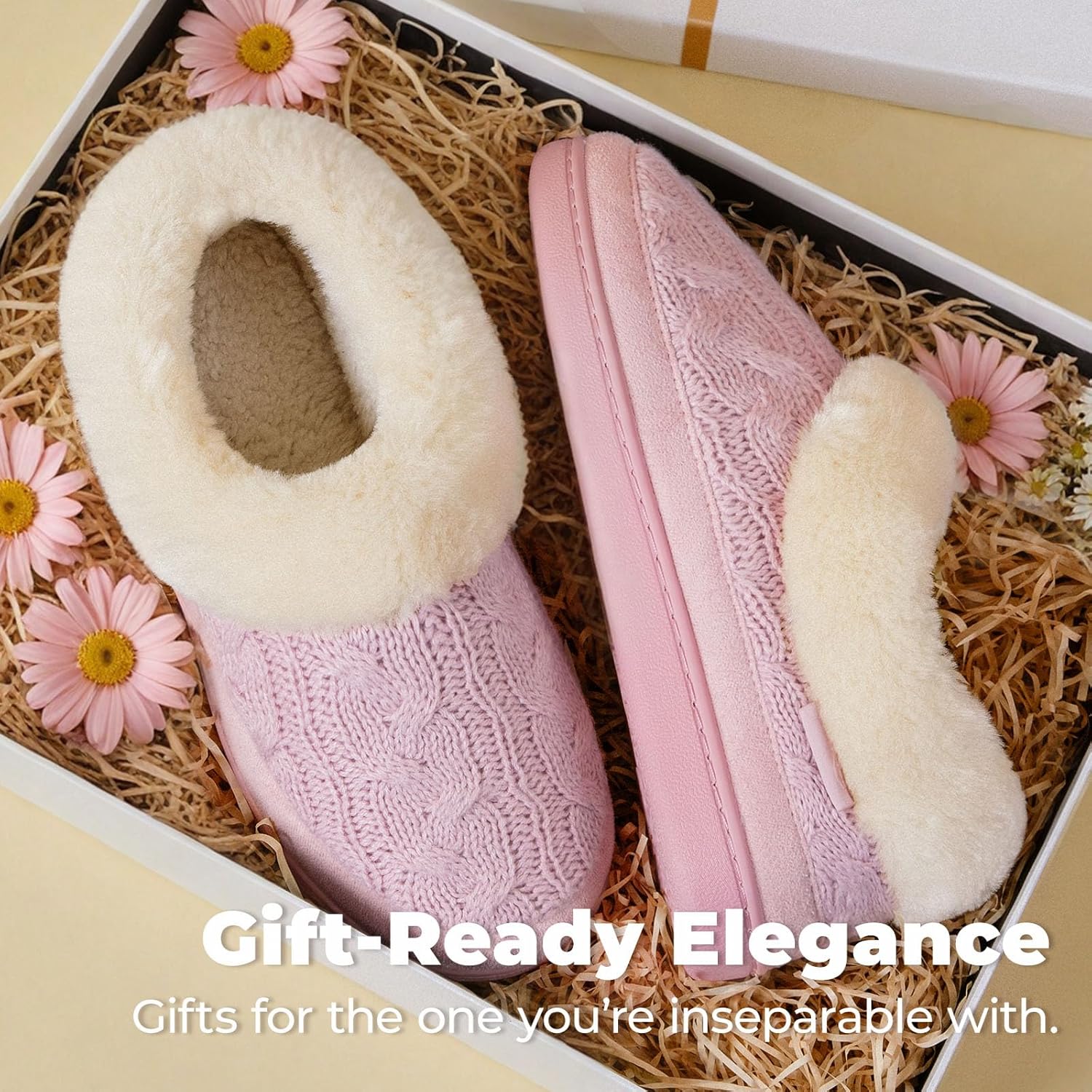 HomeTop Women's Cozy Cable Knit Memory Foam Slippers with Fuzzy Plush Collar