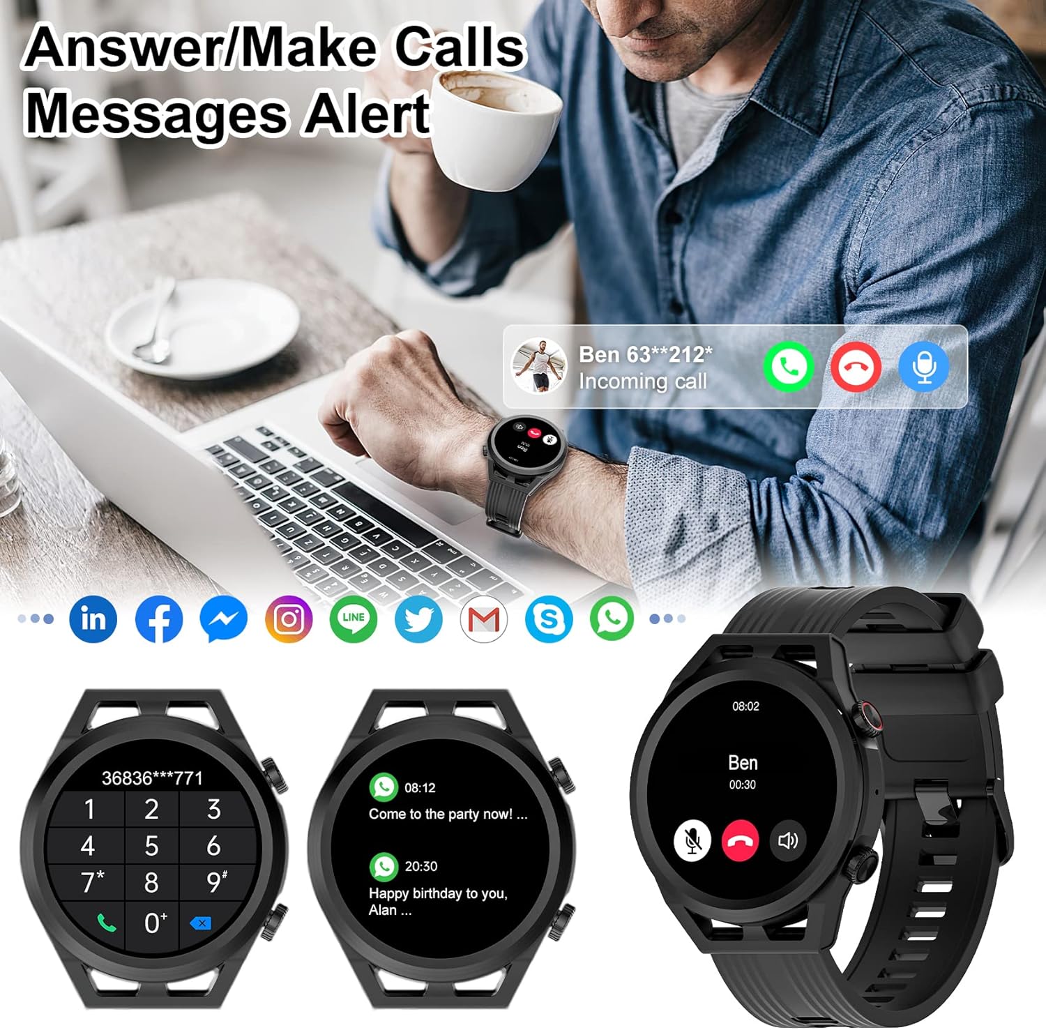 IOWODO R8Pro Waterproof Smartwatch with Call Answer, Music, 24 Sports