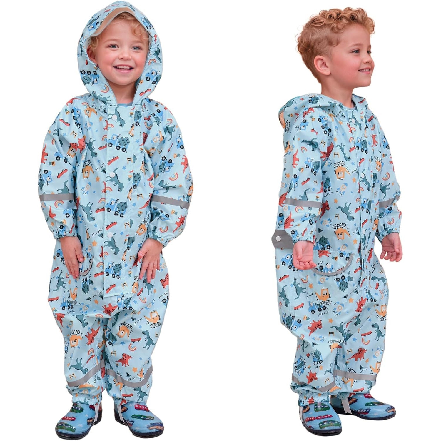 Kids Waterproof Puddle Suit with Hood, Reflective Stripes, Animal Prints