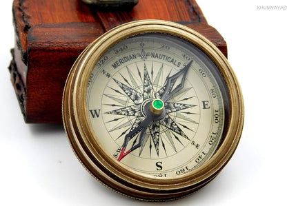 Antique Brass Pocket Compass with Leather Case – Handcrafted