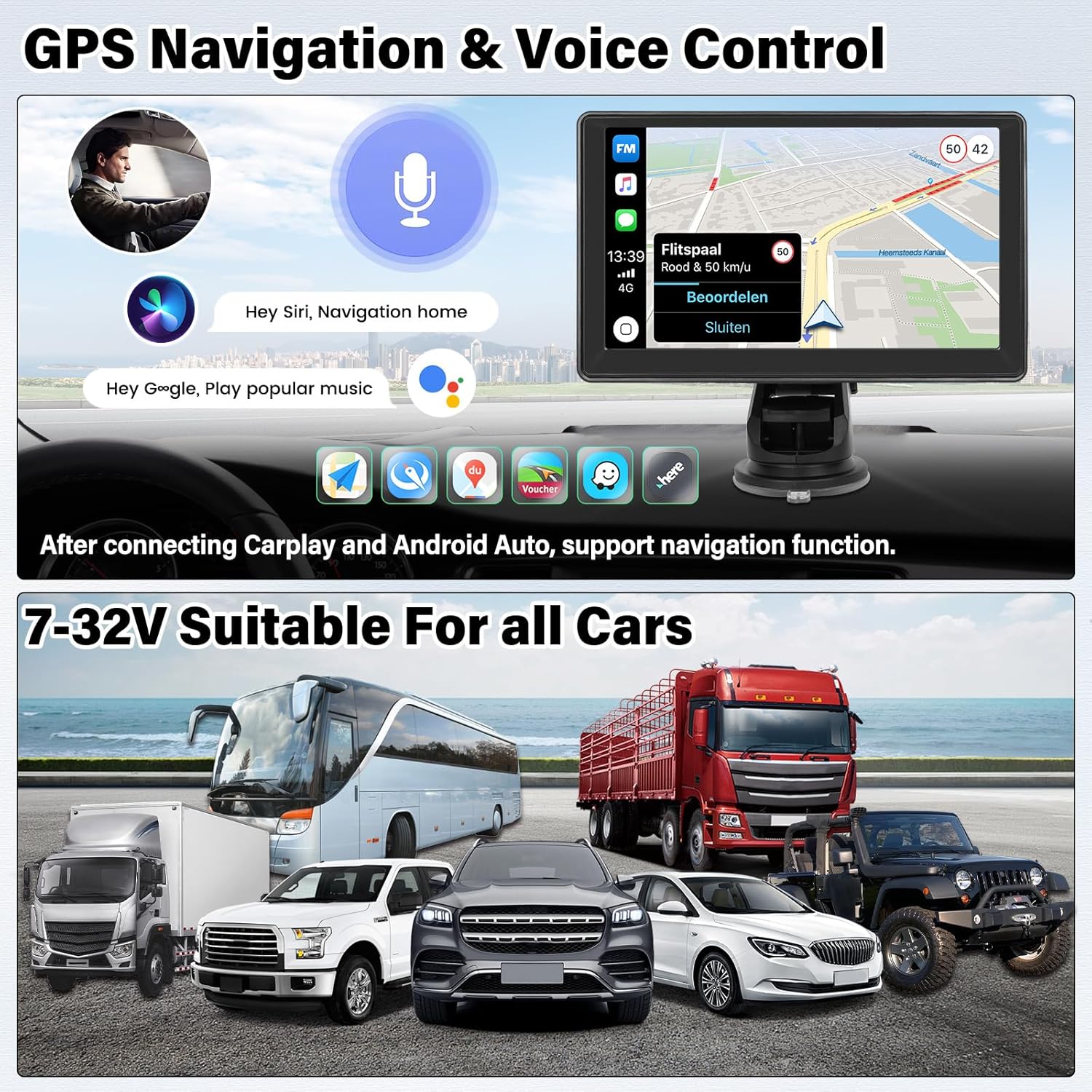 SIXWIN 7‑inch Portable Wireless CarPlay Android Auto Touchscreen Stereo