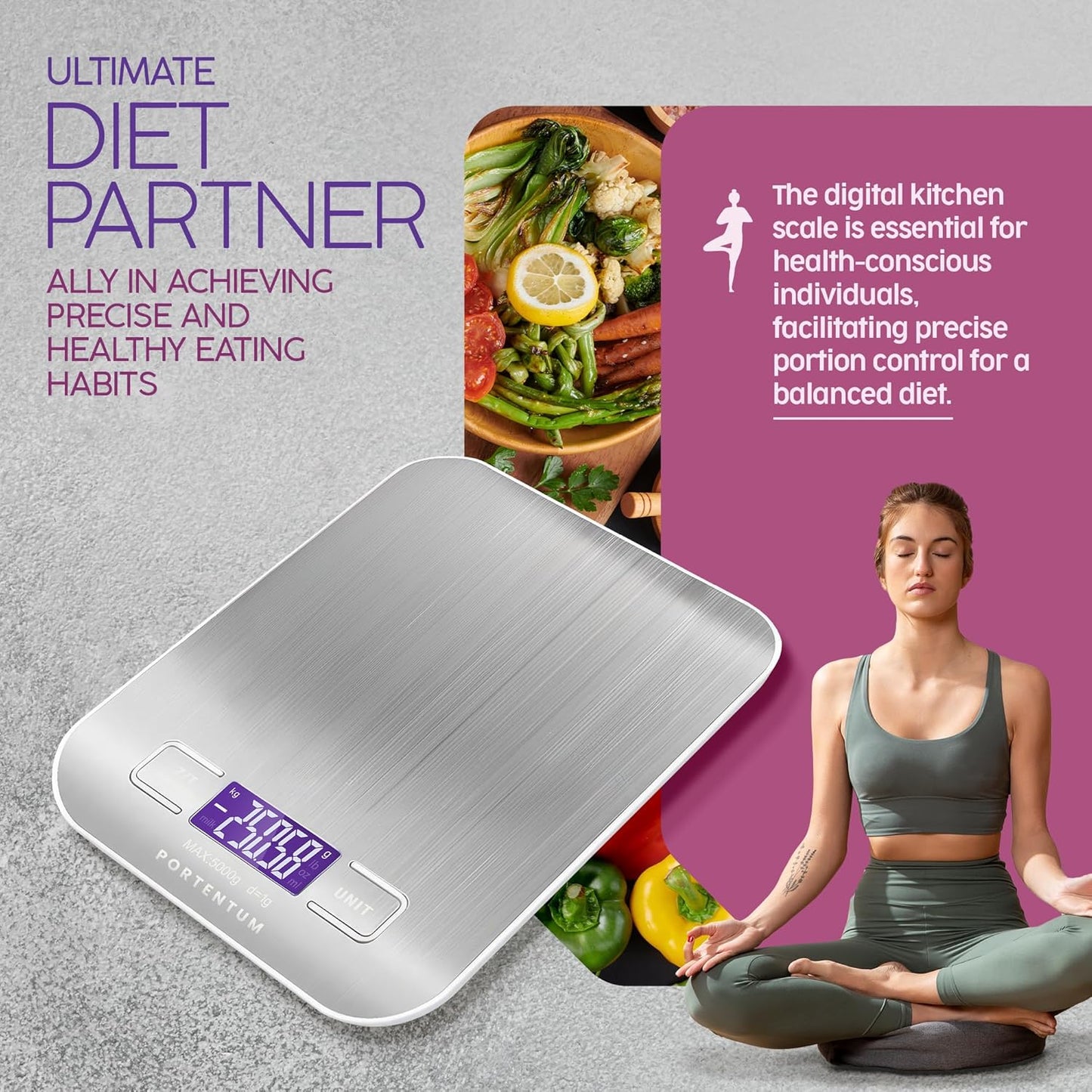 PORTENTUM Digital Kitchen Scale, 11lb Stainless Steel, Precise Food Scale