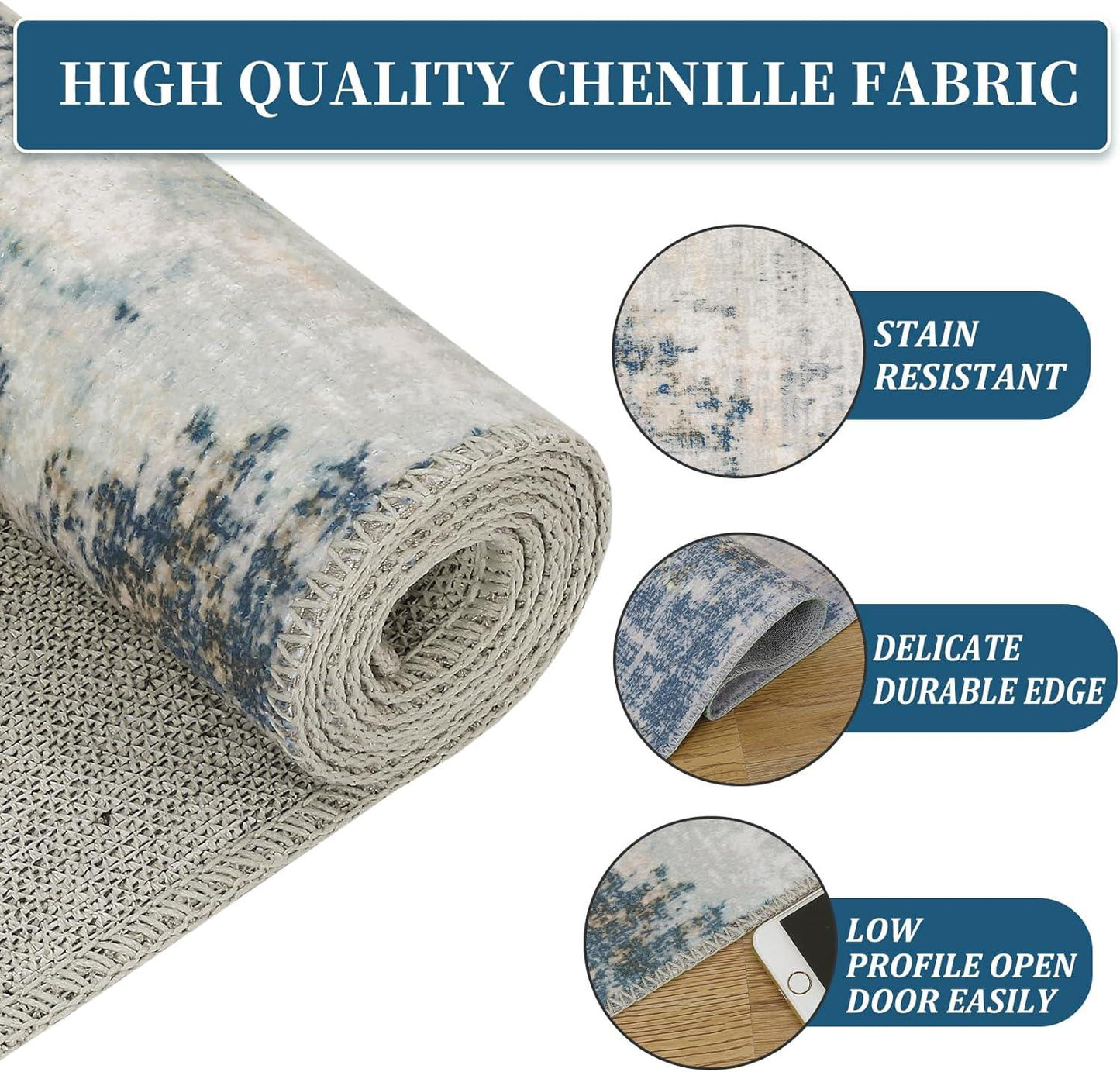 Zacoo 9x12 Washable Non Slip Chenille Area Rug Blue Tan - Gomix Brands Outlet
