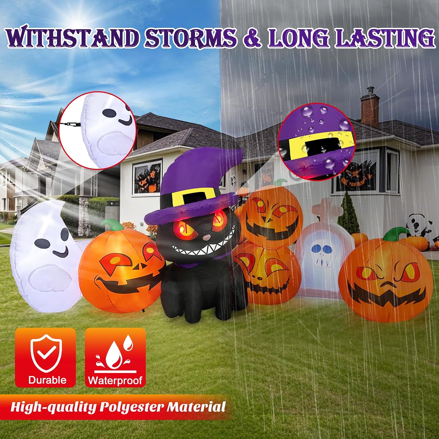 Micocah 8FT Halloween Inflatable Cat & Pumpkin Decorations with LED Lights