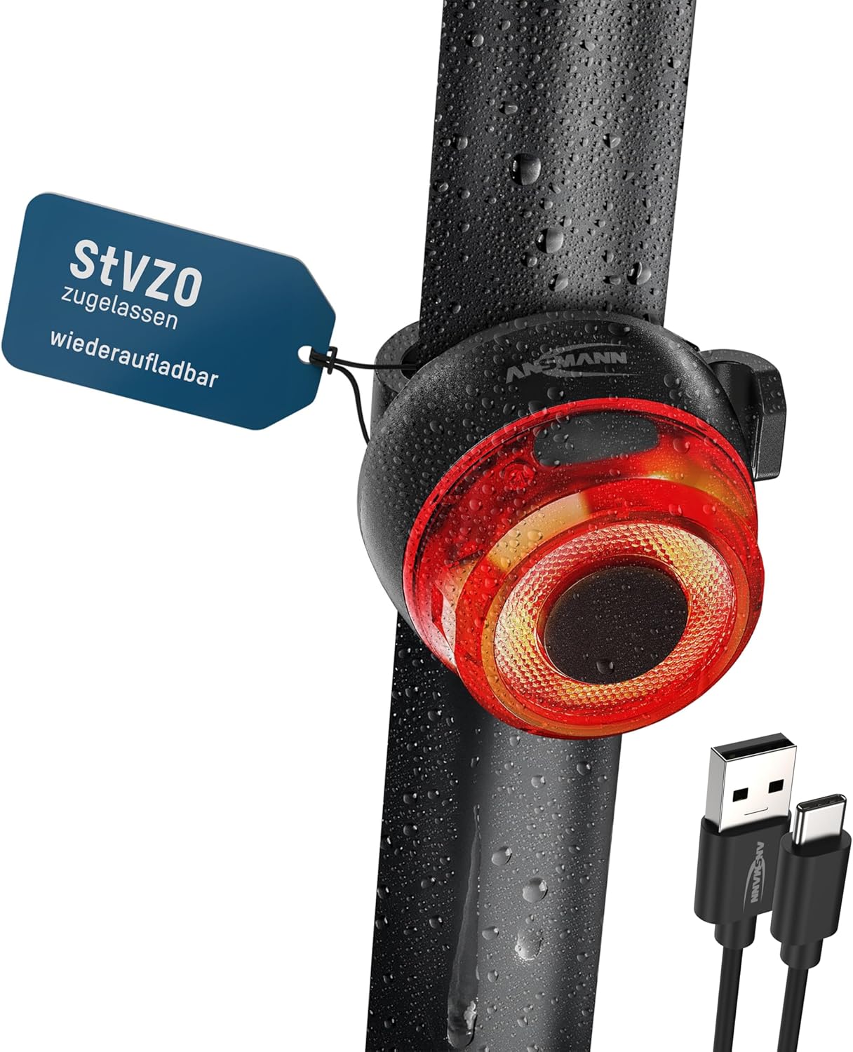ANSMANN USB Rechargeable Bike Rear Light – Bright CREE LED, IPX5, StVZO Certified, Black