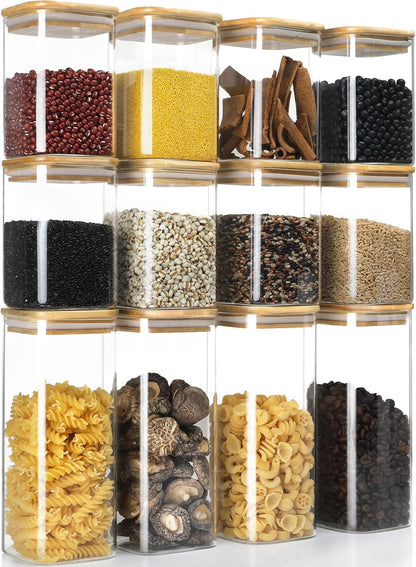 LIBWYS 12-Piece Square Glass Storage Jars with Bamboo Lids
