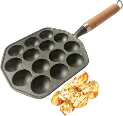 Heaunzy Cast Iron Takoyaki Pan with Beech Handle 14-Hole - Gomix Brands Outlet