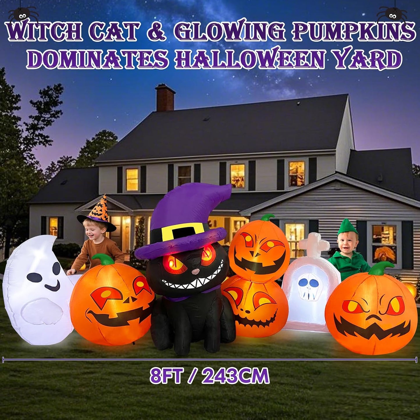 Micocah 8FT Halloween Inflatable Cat & Pumpkin Decorations with LED Lights