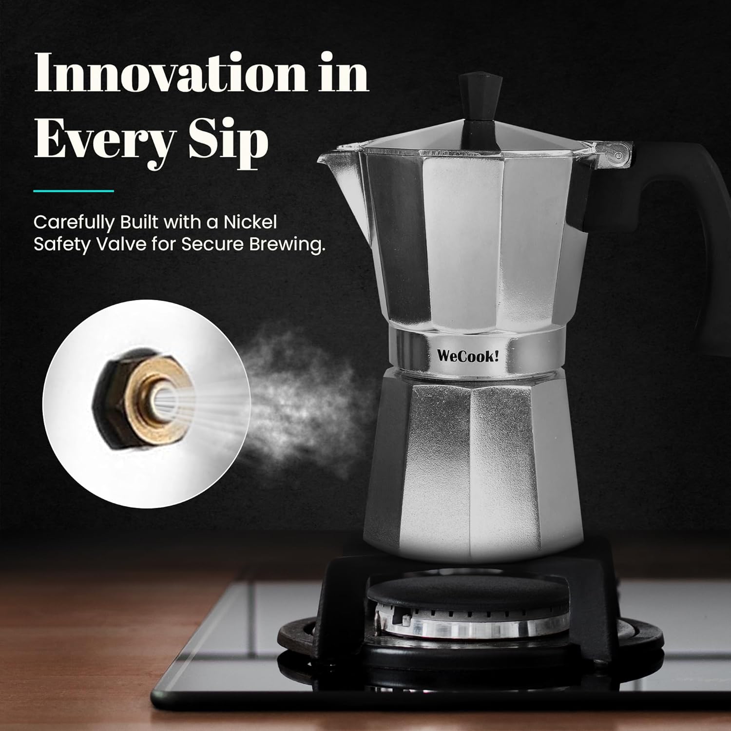 WECOOK Paola Italian Aluminum Stovetop Espresso Maker, 6-Cup Silver