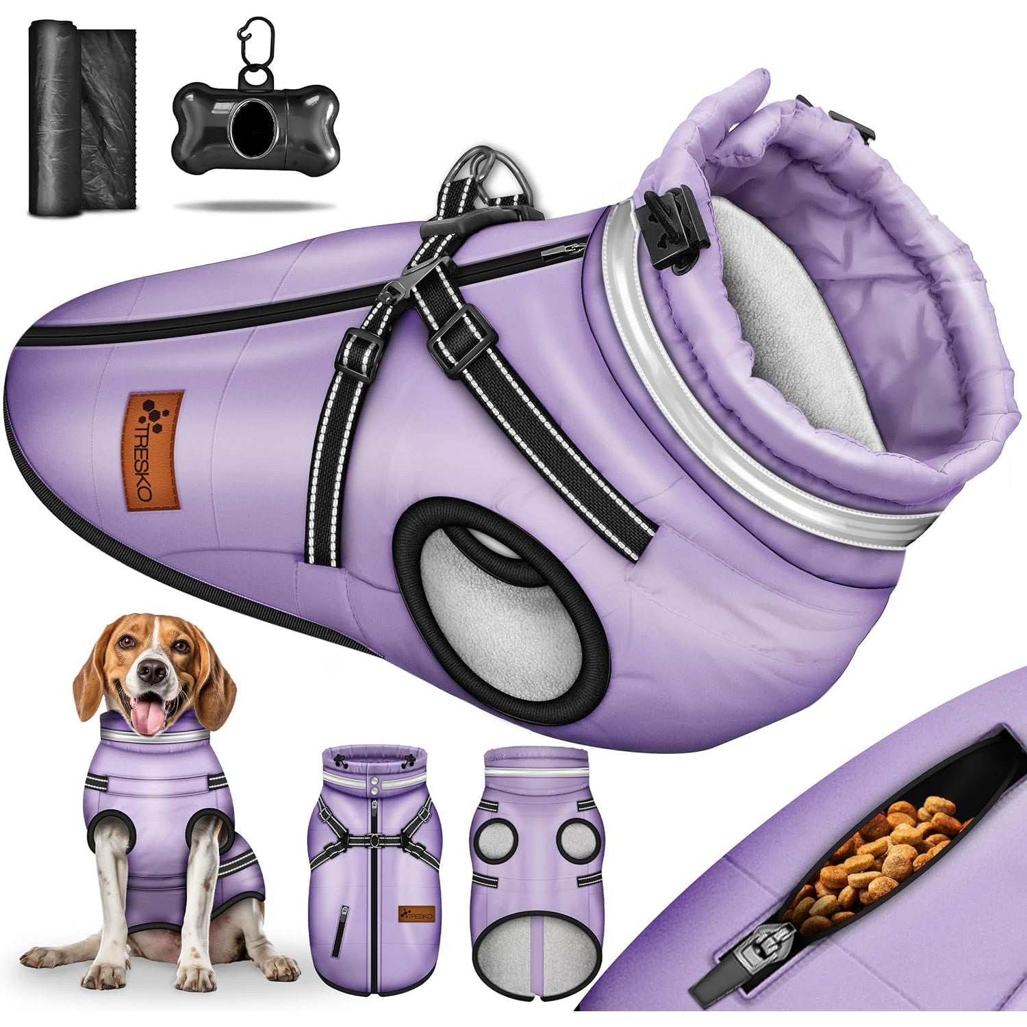 Tresko Reflective Waterproof Winter Dog Coat with Harness and Leash Hole