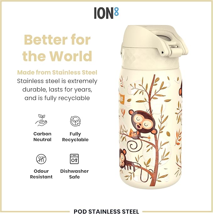 Stainless steel water bottle with monkey design on a beige background, featuring the brand 'ION8'.