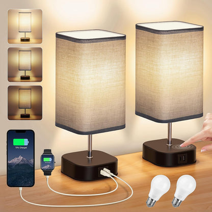 Bedside Lamps Set of 2 – Touch‑Control, USB‑C/A Charging, 3‑Way Dimmable Table Lamps with Grey Fabric Shade