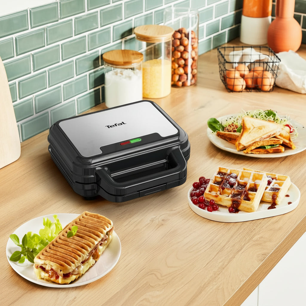 Tefal Ultracompact SW383D10 3-in-1 Sandwich Waffle Panini Maker Stainless Steel Gray