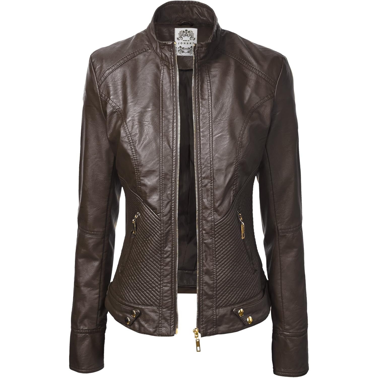 Made By Johnny Women's Vegan Leather Biker Jacket – Coffee XL